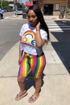 White Casual Fashion adult Rainbow Print pencil Short Sleeve Two-Piece Short Set