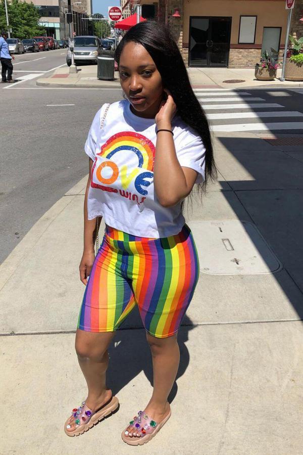White Casual Fashion adult Rainbow Print pencil Short Sleeve Two-Piece Short Set