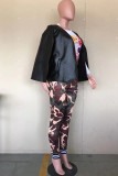 Black PU O Neck Long Sleeve Solid Long Sleeve Tops