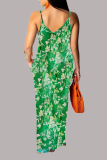 Blue Sexy Print Patchwork Spaghetti Strap Straight Dresses