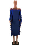 Red Sexy Fashion Off The Shoulder Long Sleeves One word collar A-Line Ankle-Length Patchwork 