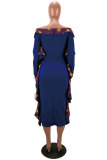 Red Sexy Fashion Off The Shoulder Long Sleeves One word collar A-Line Ankle-Length Patchwork 