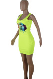 Orange Sexy Fashion Spaghetti Strap Sleeveless Slip Hip skirt Mini Fluorescent Print Solid Casua