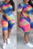 Fluorescent Green Casual Patchwork Tie-dye O Neck Short Sleeve Two Pieces