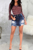 Dark Blue Fashion Casual Solid Ripped High Waist Regular Denim Skirts
