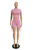Pink Casual Solid Backless Half A Turtleneck Short Sleeve Two Pieces