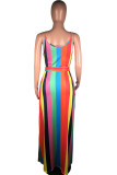 Blue Fashion Street White Blue Orange Yellow Light Blue Dark Blue Spaghetti Strap Sleeveless Slip Swagger Floor-Length Striped Print Dresses