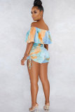 Blue Sexy Fashion Print Ruffled Patchwork Short Sleeve one word collar 