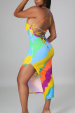 Orange Sexy Print Patchwork Frenulum Slit Spaghetti Strap Pencil Skirt Dresses