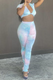 Multicolor Fashion Print Tie Dye Fold Turndown Collar Sleeveless Two Pieces