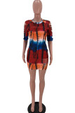 Red Fashion Casual Print Tie Dye Ripped O Neck Short Sleeve Dress