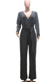 Gold Fashion Casual Solid Patchwork V Neck Straight Jumpsuits