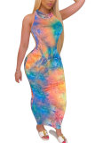 Blue Fashion Sexy adult Blue Orange Yellow purple Off The Shoulder Sleeveless Turtleneck Step Skirt Ankle-Length Print Patchwork Tie and dye Dresses