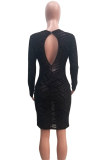 Black Fashion Casual Patchwork Hollowed Out See-through O Neck Long Sleeve Dresses