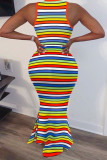 Stripe England Sleeveless O neck Asymmetrical Floor-Length Striped Print Rainbow Dresses