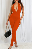 Black Sexy Casual Solid Backless Halter Skinny Jumpsuits