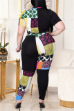 Black Fashion Casual Print Basic Half A Turtleneck Plus Size Two Pieces