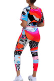 colour venetian Fashion Casual adult Ma'am Print Two Piece Suits pencil Short Sleeve Two Pieces