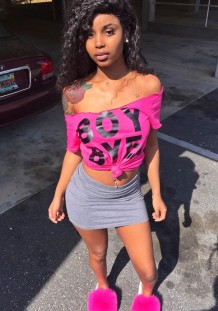 rose Fashion Regular Slash neck Short None Print Regular Tees & T-shirts