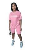 Black Fashion adult Active Letter Print Two Piece Suits Patchwork Straight Short Sleeve Two-Pie