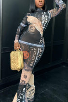 Black Fashion Sexy Print See-through Turtleneck Printed Dress