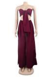 Blue Fashion Sexy crop top Slim fit Two Piece Suits Beading asymmetrical Solid bow-knot Straigh