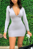 Grey Sexy Solid Patchwork Half A Turtleneck A Line Dresses
