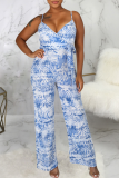 Blue Sexy Print Patchwork Spaghetti Strap Straight Jumpsuits