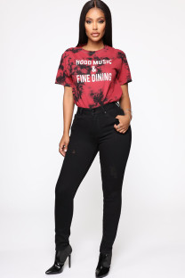 Red O Neck Short Sleeve Print