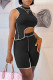 Black Fashion Casual Solid Patchwork Asymmetrical Half A Turtleneck Sleeveless Two Pieces