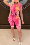 Multicolor Fashion Casual Print Basic O Neck Short Sleeve Two Pieces