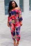 Red Sexy Casual Fashion Tie-dyed Print one word collar 