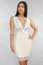 White Casual Sexy Fashion Tank Sleeveless V Neck Step Skirt Knee-Length Solid Patchwork lace Cl