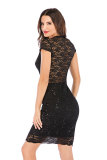 Wine Red Sexy Short Sleeves V Neck Slim Dress Knee-Length Solid 