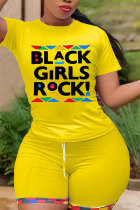 Yellow Fashion Active adult Letter Patchwork Print Two Piece Suits Straight Short Sleeve Two Pieces