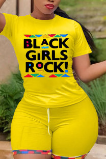Yellow Fashion Active adult Letter Patchwork Print Two Piece Suits Straight Short Sleeve Two Pieces