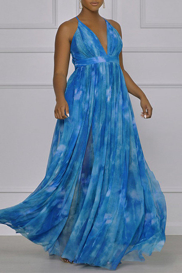 Blue Sexy Casual Print Backless V Neck Sling Dress