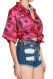 Red Nylon Turndown Collar Short Sleeve Patchwork Print Slim fit Button Tops