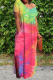 Green Casual Patchwork Tie-dye Slit V Neck Straight Dresses