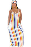 Navy Blue Casual Off The Shoulder Sleeveless Slip Swagger Floor-Length Print Patchwork