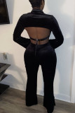 Blue Sexy Flocking Solid Backless Slit Turndown Collar Long Sleeve Regular Sleeve Short Two Pieces