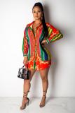 Red Casual Fashion Cap Sleeve Long Sleeves Turndown Collar Straight Mini Striped Print Long S