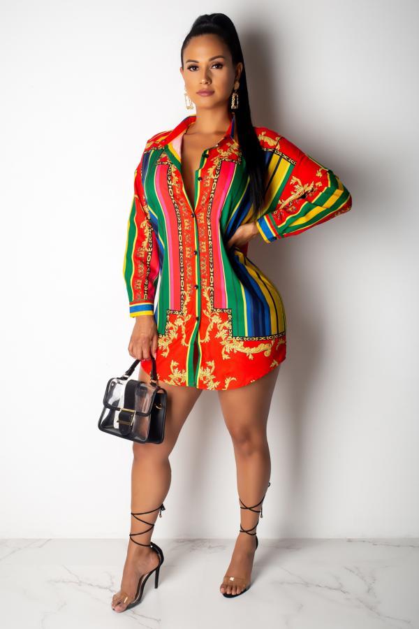 Red Casual Fashion Cap Sleeve Long Sleeves Turndown Collar Straight Mini Striped Print Long S