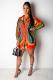 Red Casual Fashion Cap Sleeve Long Sleeves Turndown Collar Straight Mini Striped Print Long S