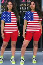 Red Fashion Sexy Striped Print Two Piece Suits Straight Short Sleeve Two Pieces