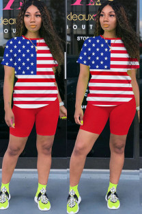 Red Fashion Sexy Striped Print Two Piece Suits Straight Short Sleeve Two Pieces