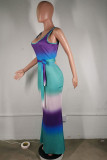 purple Sexy Tank Sleeveless Swagger Floor-Length Print Ombre Dresses