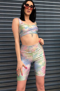 Multi-color Sexy Fashion Print Patchwork Straight Sleeveless Two-Piece Short Set