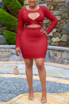 Red Twilled Satin Patchwork Solid Pierced Hollowed Out Patchwork Basic Long Sleeve Mini Wrapped Skirt Dresses