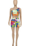 Purple Street Geometric Print Patchwork Oblique Collar Sleeveless Two Pieces
